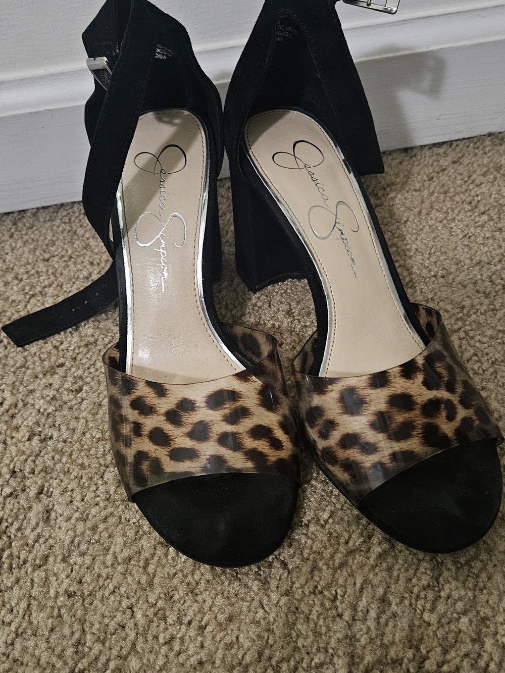 Jessica Simpson Black Suede Block Heels with Leopard Print Strap